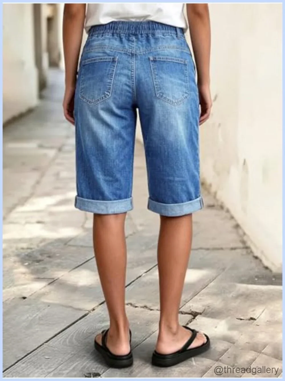Mid Rise Straight Leg Bermuda Denim Shorts Drawstring Waist